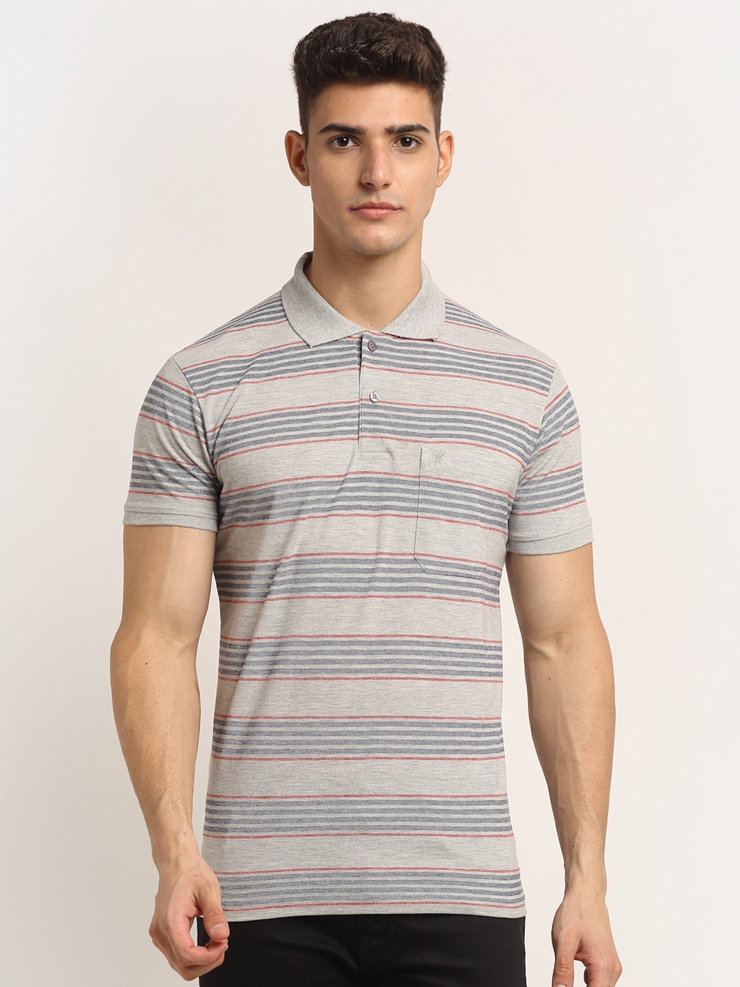 

VENITIAN Men Grey Striped Polo Collar T-shirt