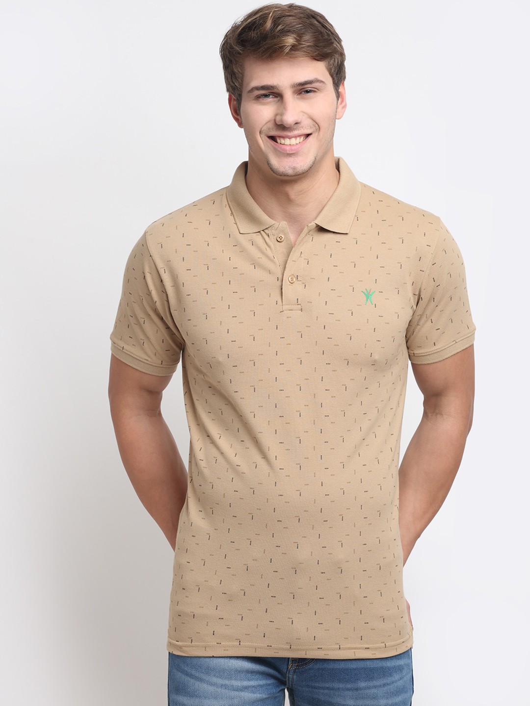 

VENITIAN Men Khaki Printed Polo Collar Slim Fit T-shirt