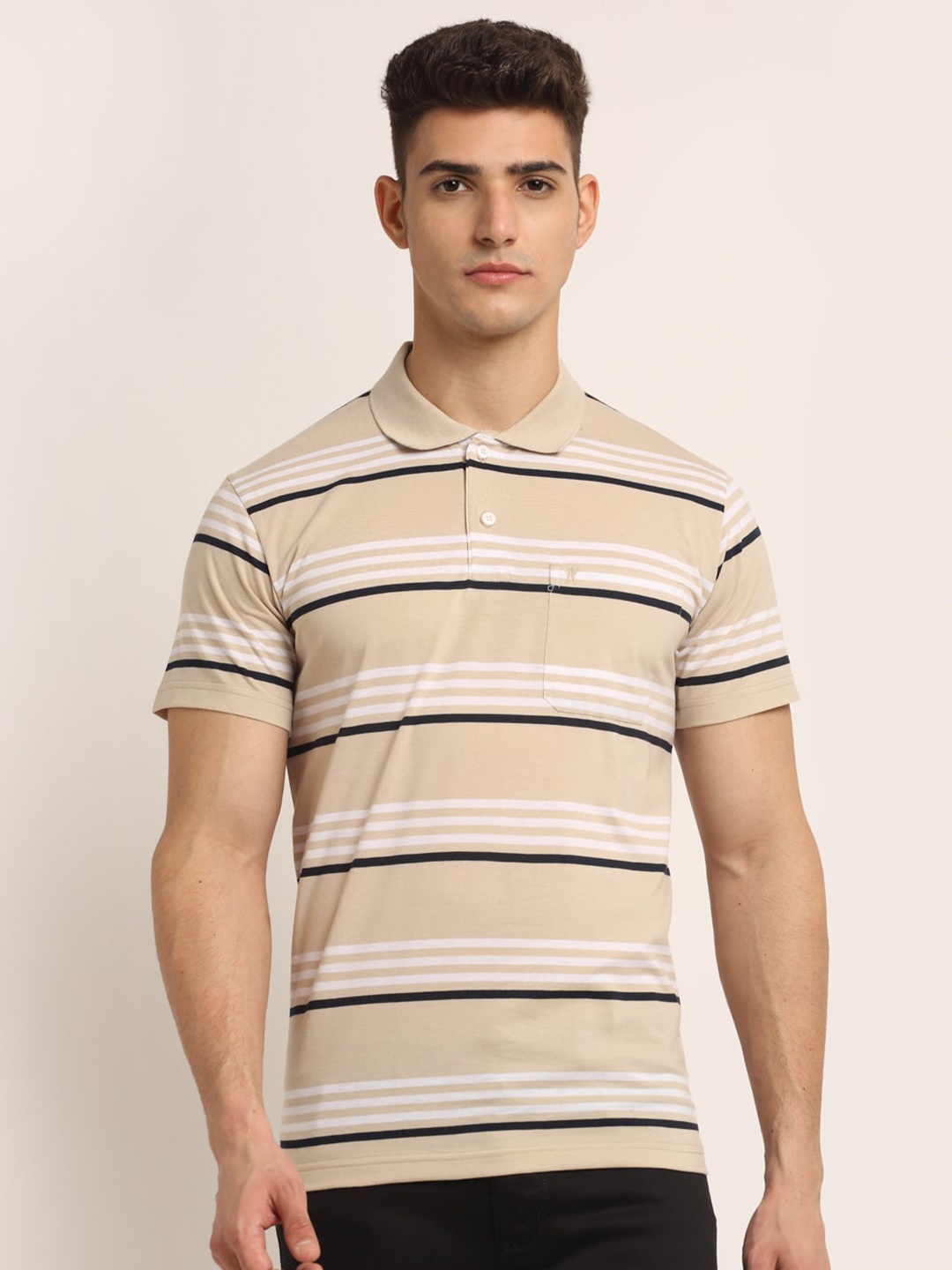 

VENITIAN Men Beige Striped Polo Collar T-shirt