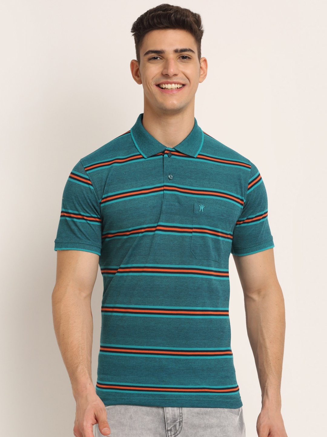 

VENITIAN Men Green & Orange Striped Polo Collar Pockets T-shirt