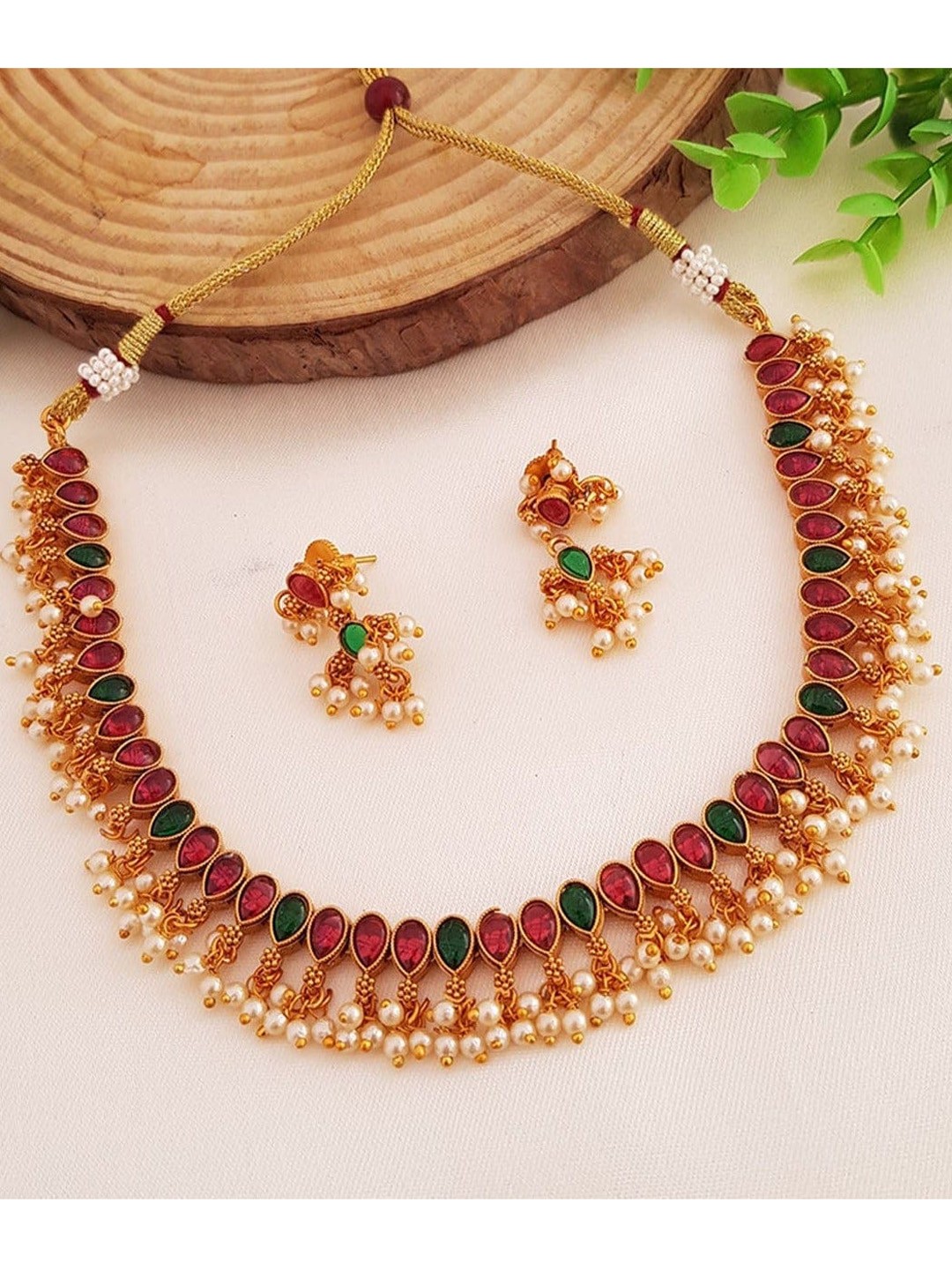 

GRIIHAM Gold-Plated Green & Red AD-Studded Jewellery Set