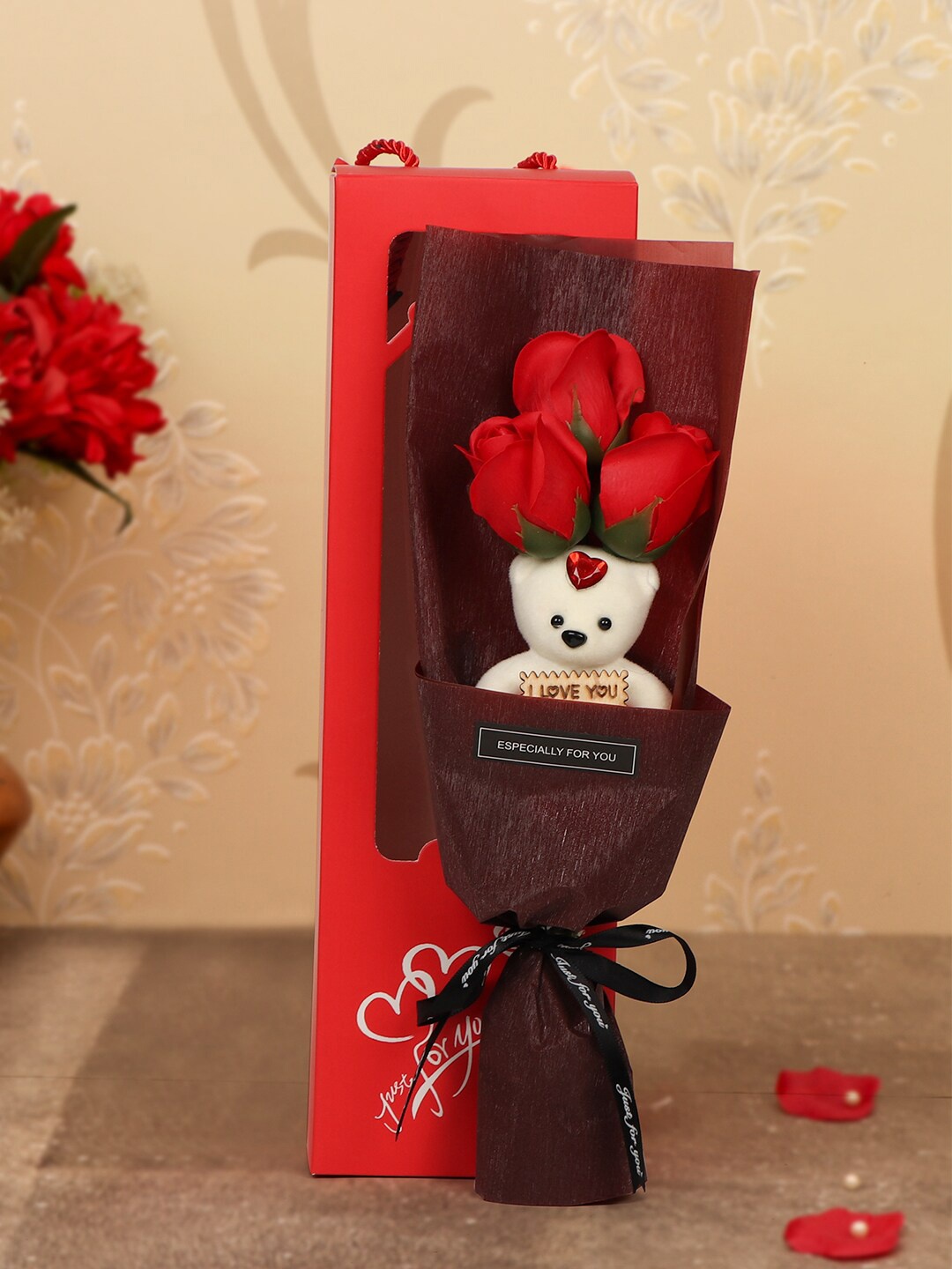 

TIED RIBBONS Red & White Valentine Day Gift Artificial Rose Flower Bouquet with Mini Teddy
