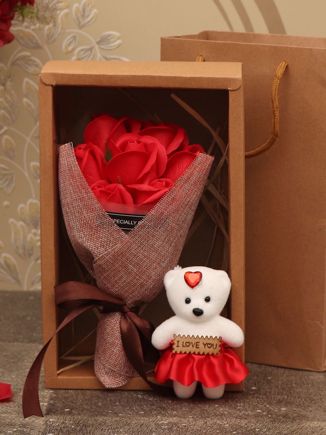 

TIED RIBBONS Red Artificial Rose Bouquet With Mini Teddy Valentine Day Gift