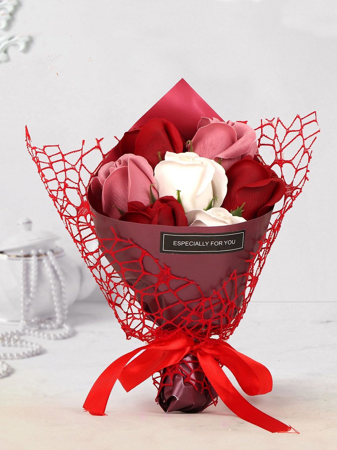 

TIED RIBBONS Valentines Day Red & Pink Artificial Rose Flower Bouquet