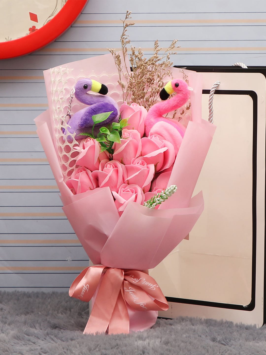 

TIED RIBBONS Pink Artificial Rose Flower Bouquet & Love Swan Couple Valentine Gift Combo
