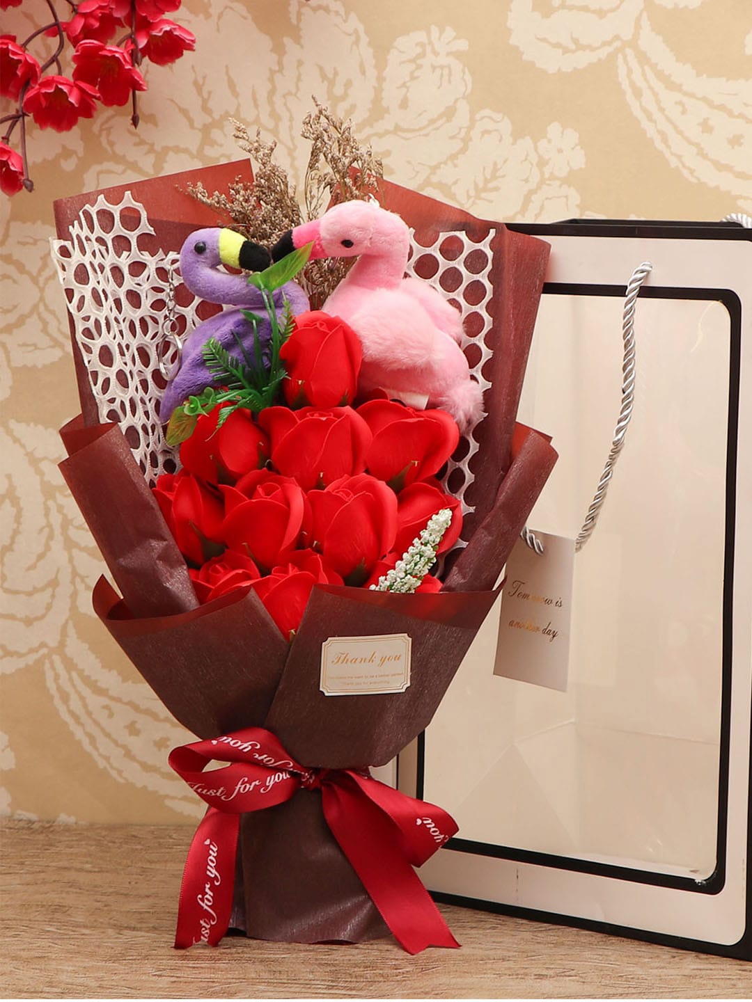 

TIED RIBBONS Red Artificial Rose Flower Bouquet With Swan Couple
