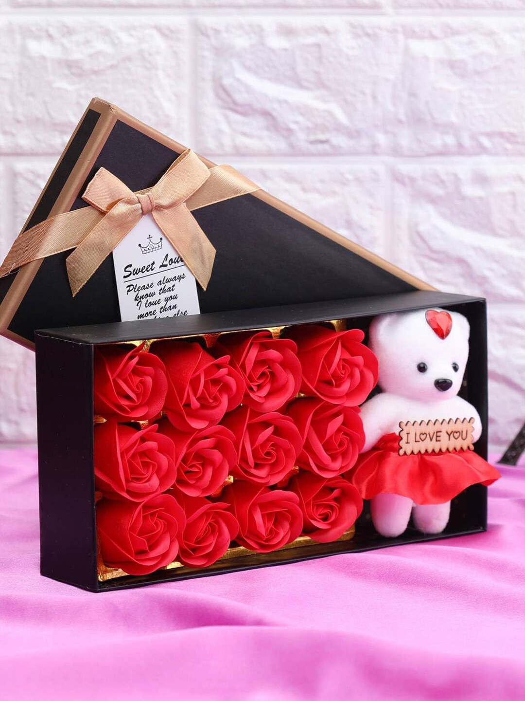 

TIED RIBBONS Valentine Special Red Artificial Rose Flowers Box with Mini Teddy Gift Combo