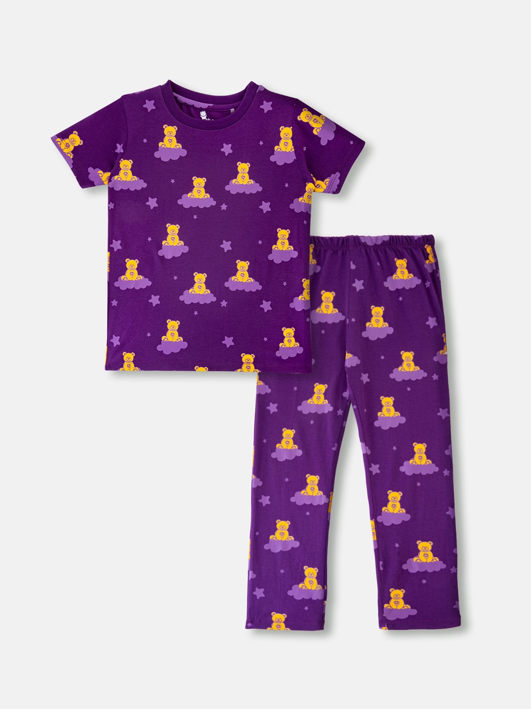 

Cuddles for Cubs Unisex Kids Purple & Yellow Printed Cotton Night suit