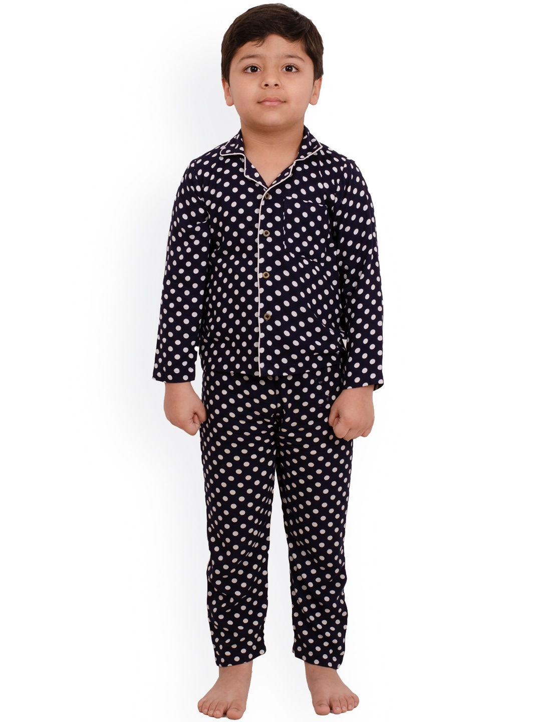 

Muffin Shuffin Unisex Kids Navy Blue & White Polka Dots Printed Night suit