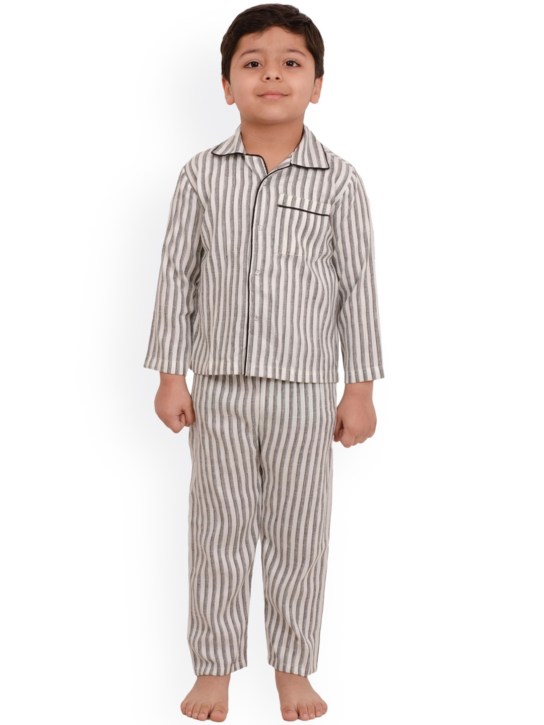 

Muffin Shuffin Unisex Kids White & Grey Striped Night suit