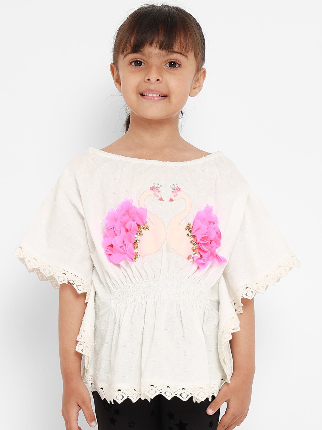 

Nauti Nati Off White Floral Embroidered Applique Kaftan Top