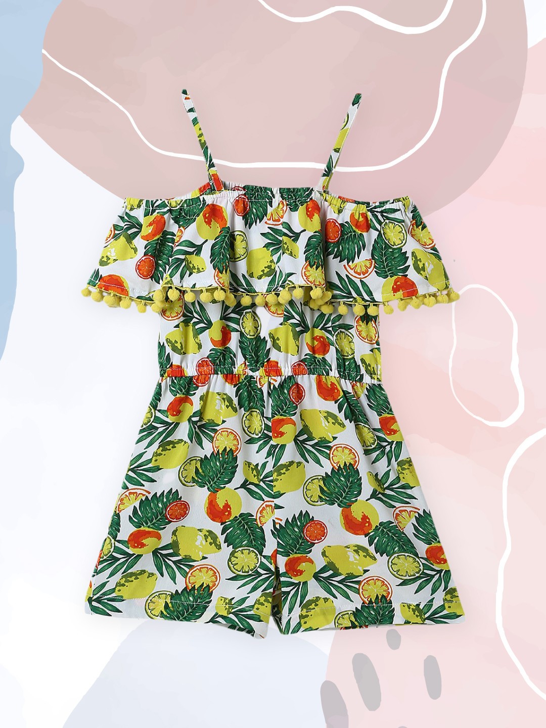 

Nauti Nati Girls White & Yellow Printed Shoulder Strap Basic Jumpsuit