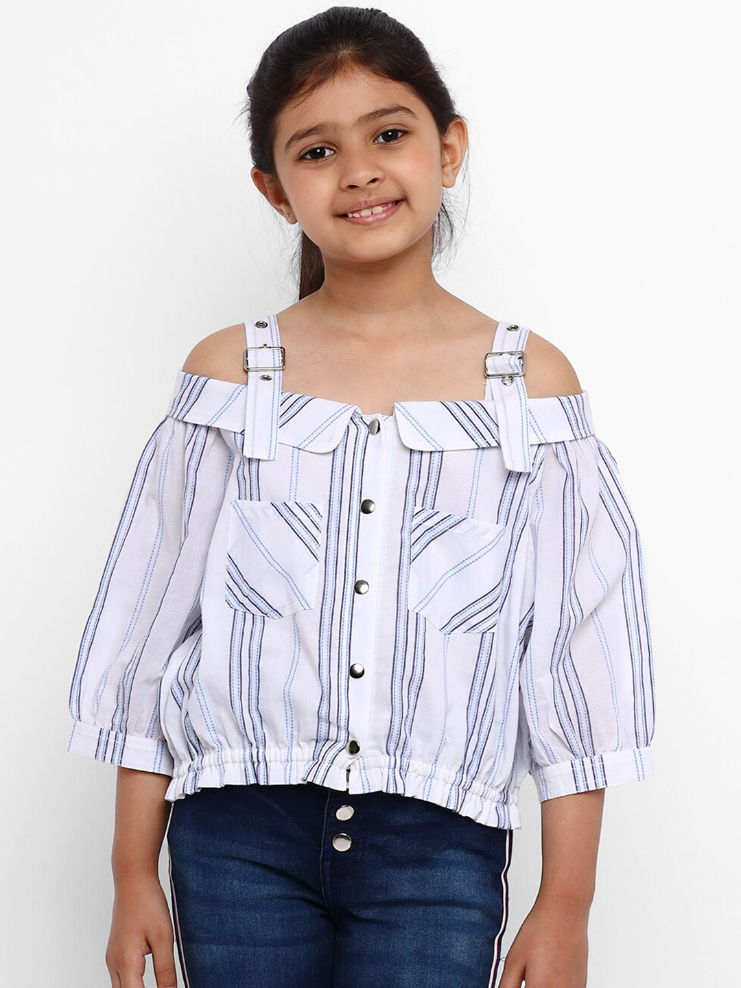

Nauti Nati Girls White & Blue Striped Bardot Top