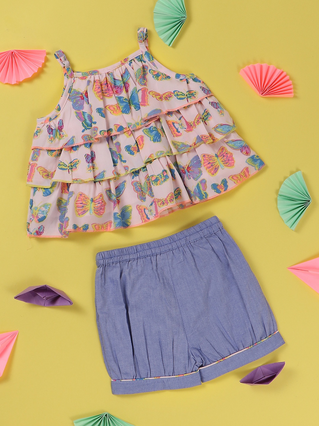 

Nauti Nati Girls Pink & Blue Printed Shoulder Strap Ruffled Top with Shorts Clothing Set