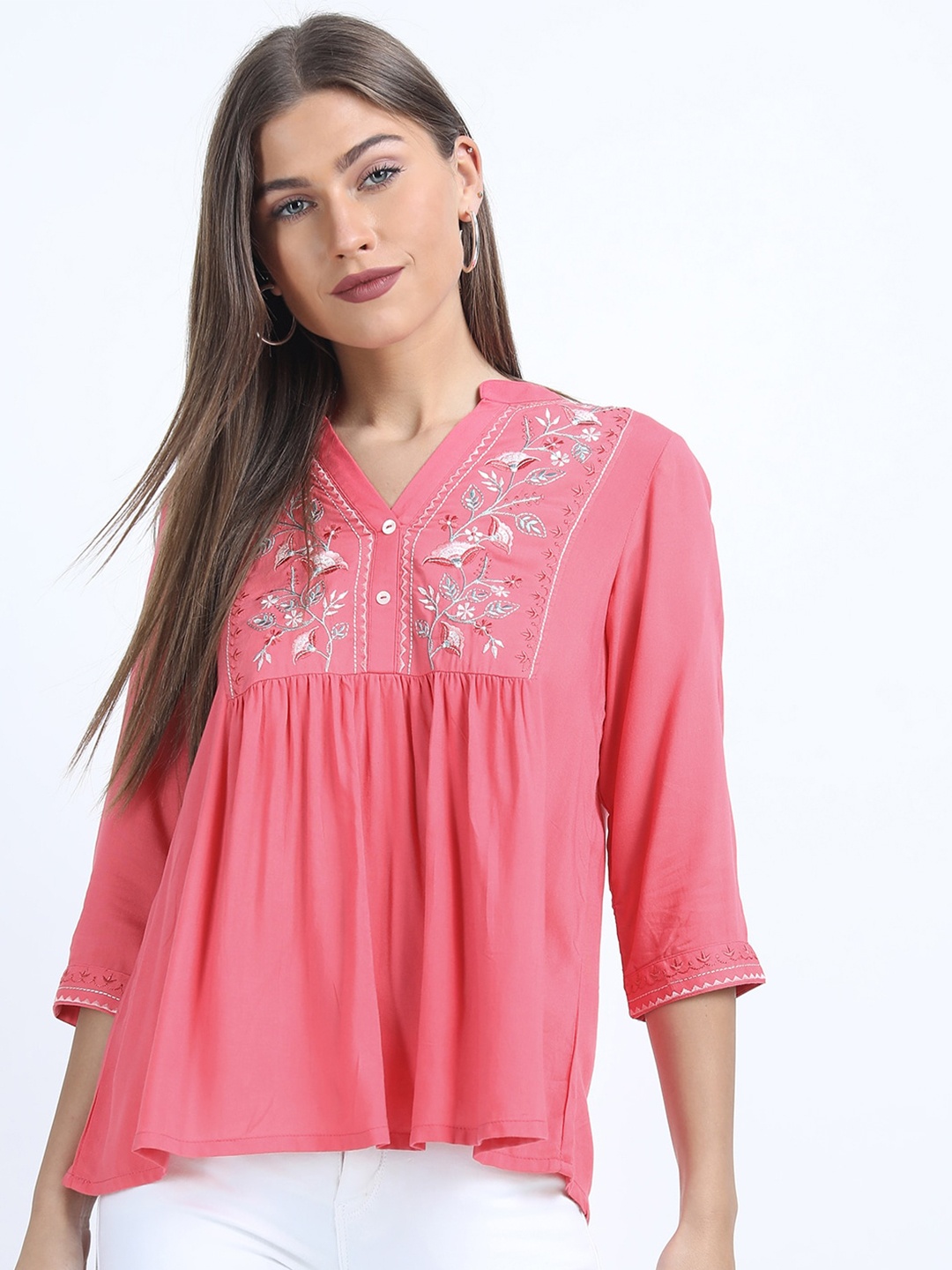 

Vishudh Pink Embroidered Mandarin Collar Top