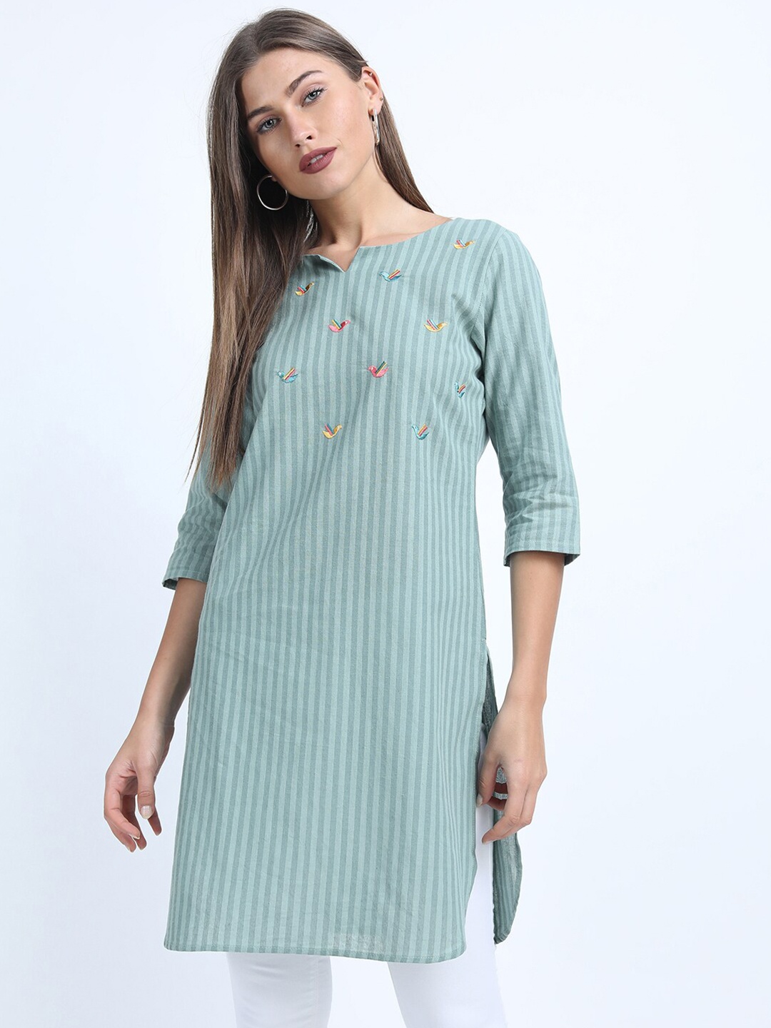 

Vishudh Women Blue Striped Embroidered Straight Tunic