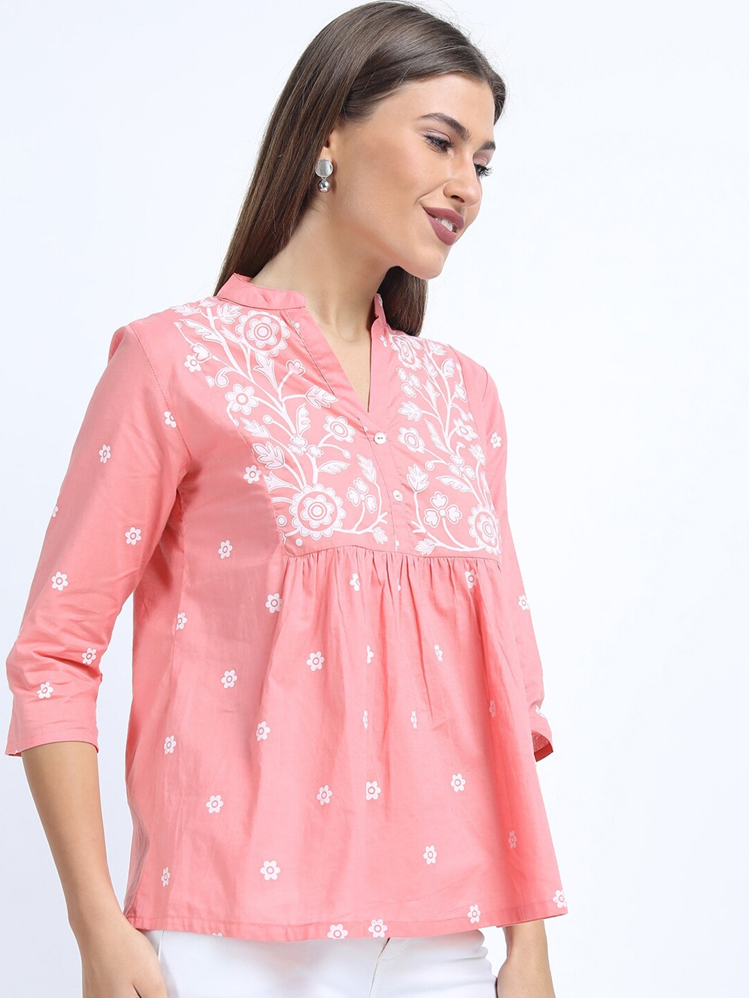 

Vishudh Pink Floral Mandarin Collar Floral Printed Top