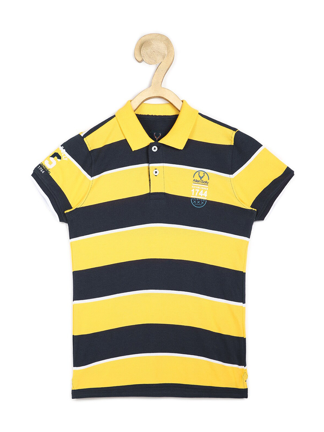 

Allen Solly Junior Boys Yellow & Black Striped Polo Collar T-shirt