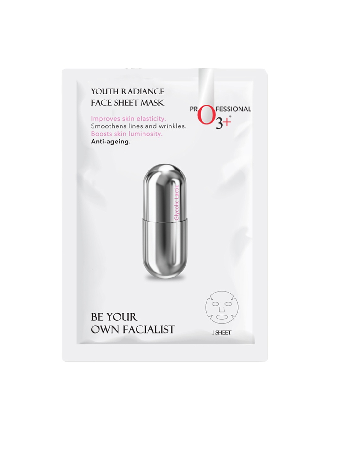 

O3 Facialist Vegan Youth Radiance Anti-Ageing Glycolic Face Sheet Mask 30 gm, White