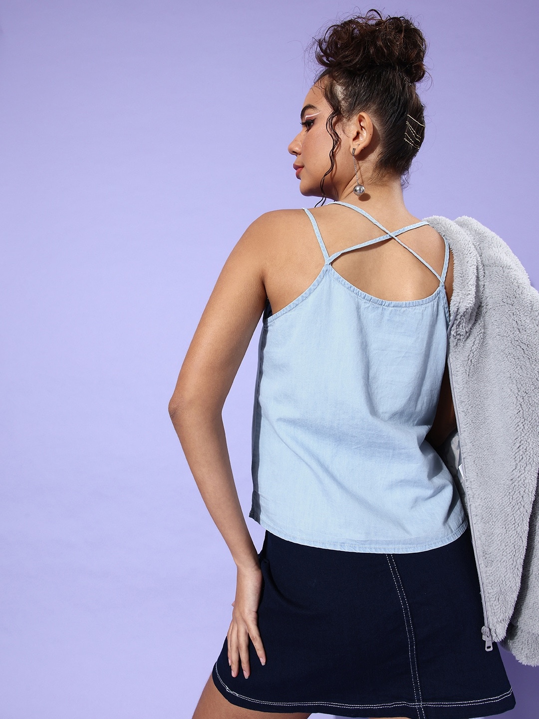 

The Roadster Lifestyle Co Light Blue Solid Denim Tank Top With Cross Straps