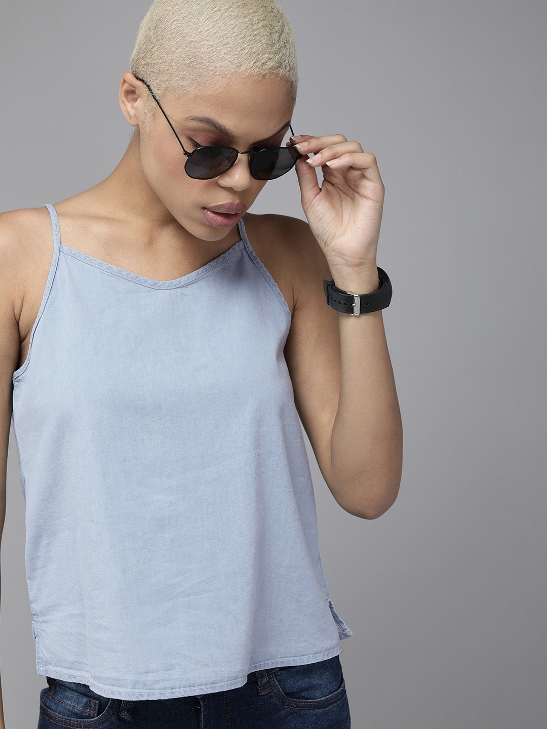 

The Roadster Lifestyle Co Light Blue Solid Denim Tank Top