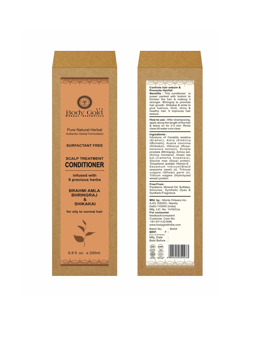

Body Gold Brahmi Amla Bhringraj & Shikakai Surfactants Free Hair Conditioner 200 ml, Orange