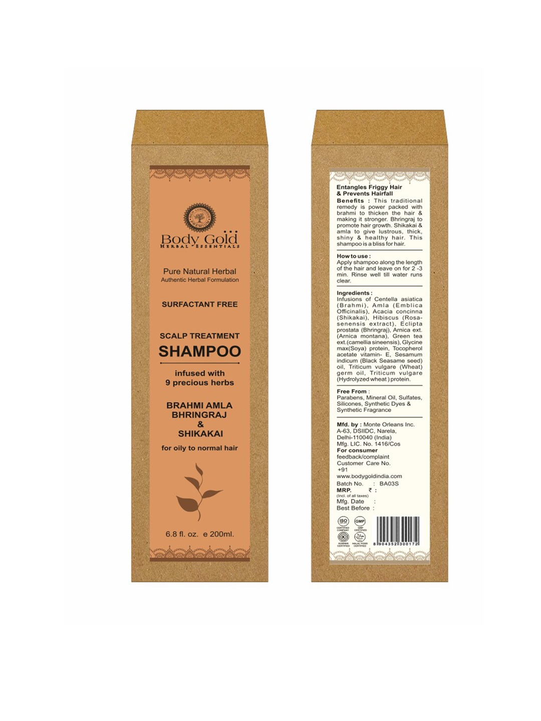 

Body Gold Brahmi Amla Bhringraj & Shikakai Surfactant Free Hair Shampoo 200 ml, Orange