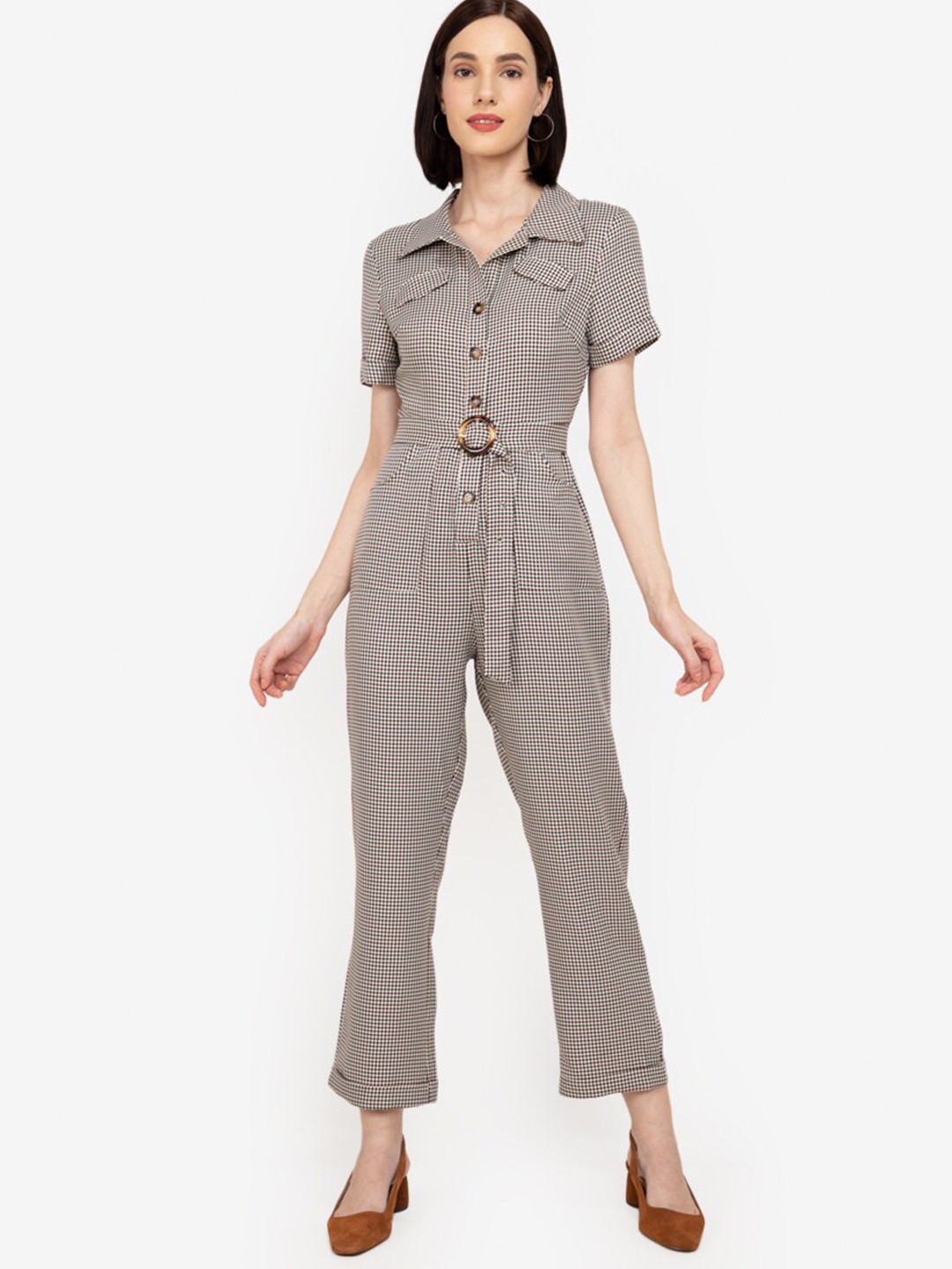

ZALORA WORK Multicoloured Checked Shirt Collar Basic Jumpsuit, Multi