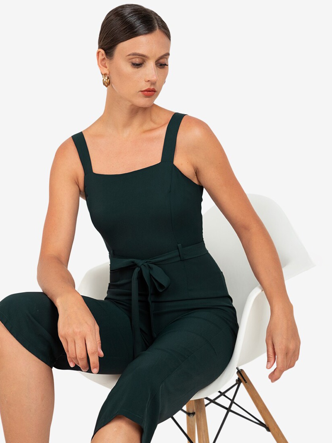 

ZALORA WORK Women Green Solid Shoulder Strap Capri Jumpsuit