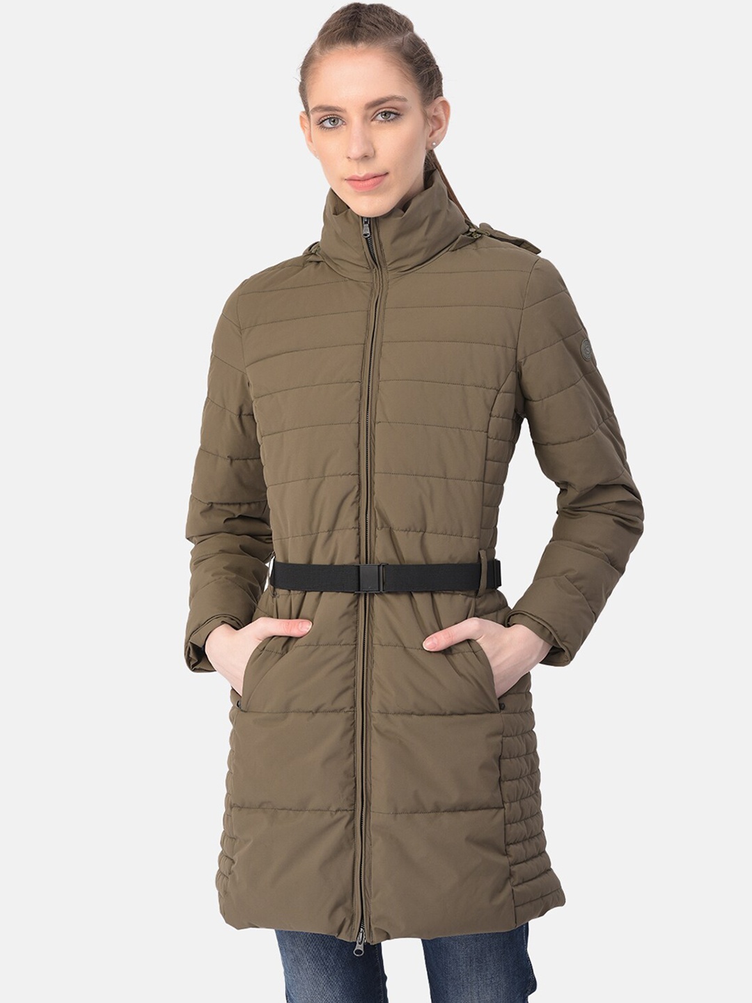 

Woodland Women Olive Green Water Resistant Longline Padded Jacket with Belt