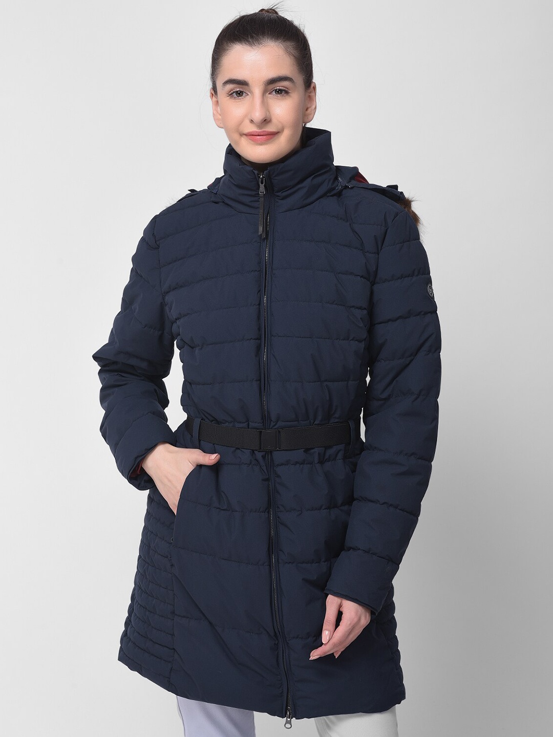 

Woodland Women Navy Blue Water Resistant Longline Parka Jacket with Belt