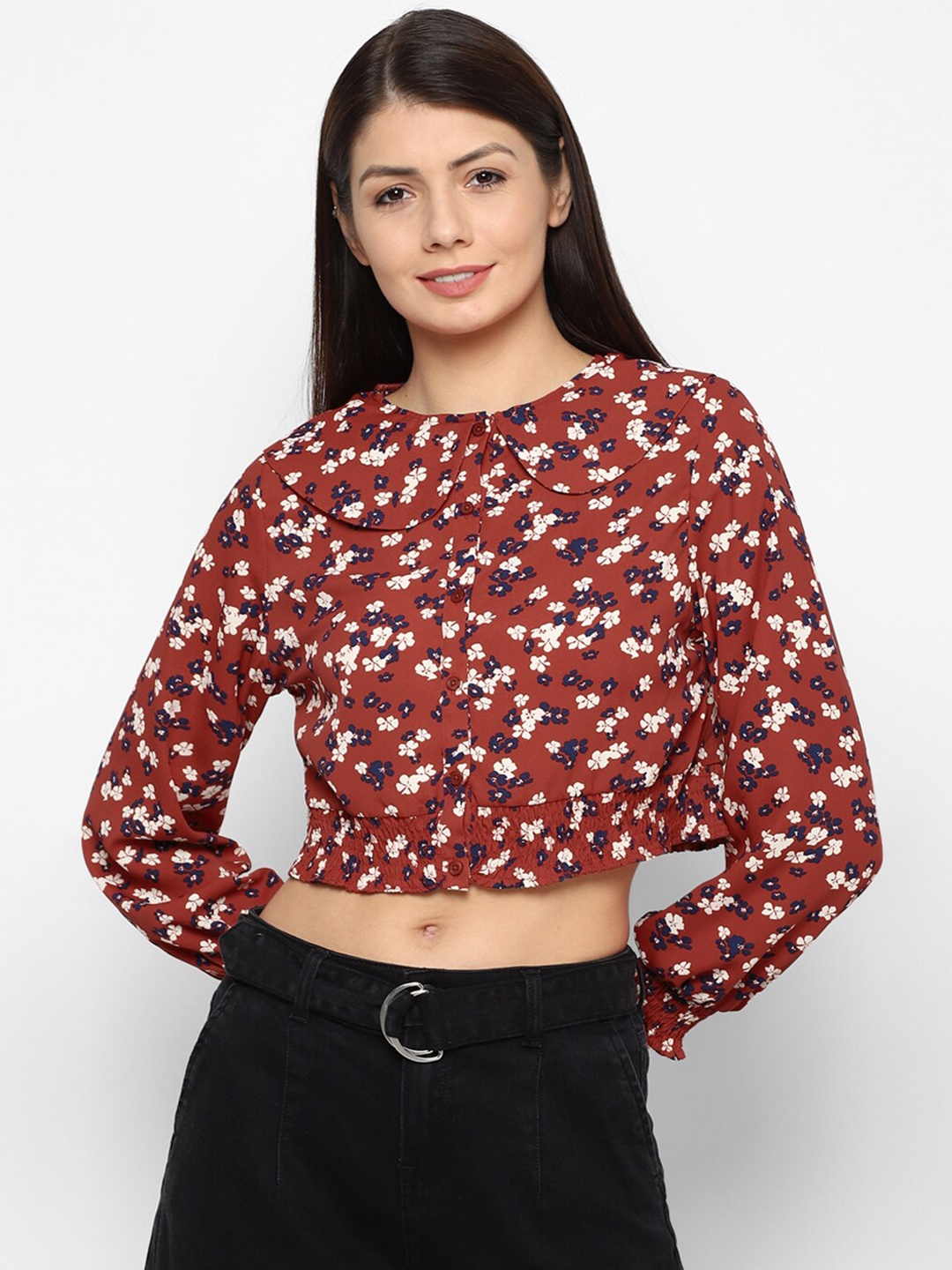 

Allen Solly Woman Maroon & White Floral Print Peter Pan Collar Shirt Style Crop Top