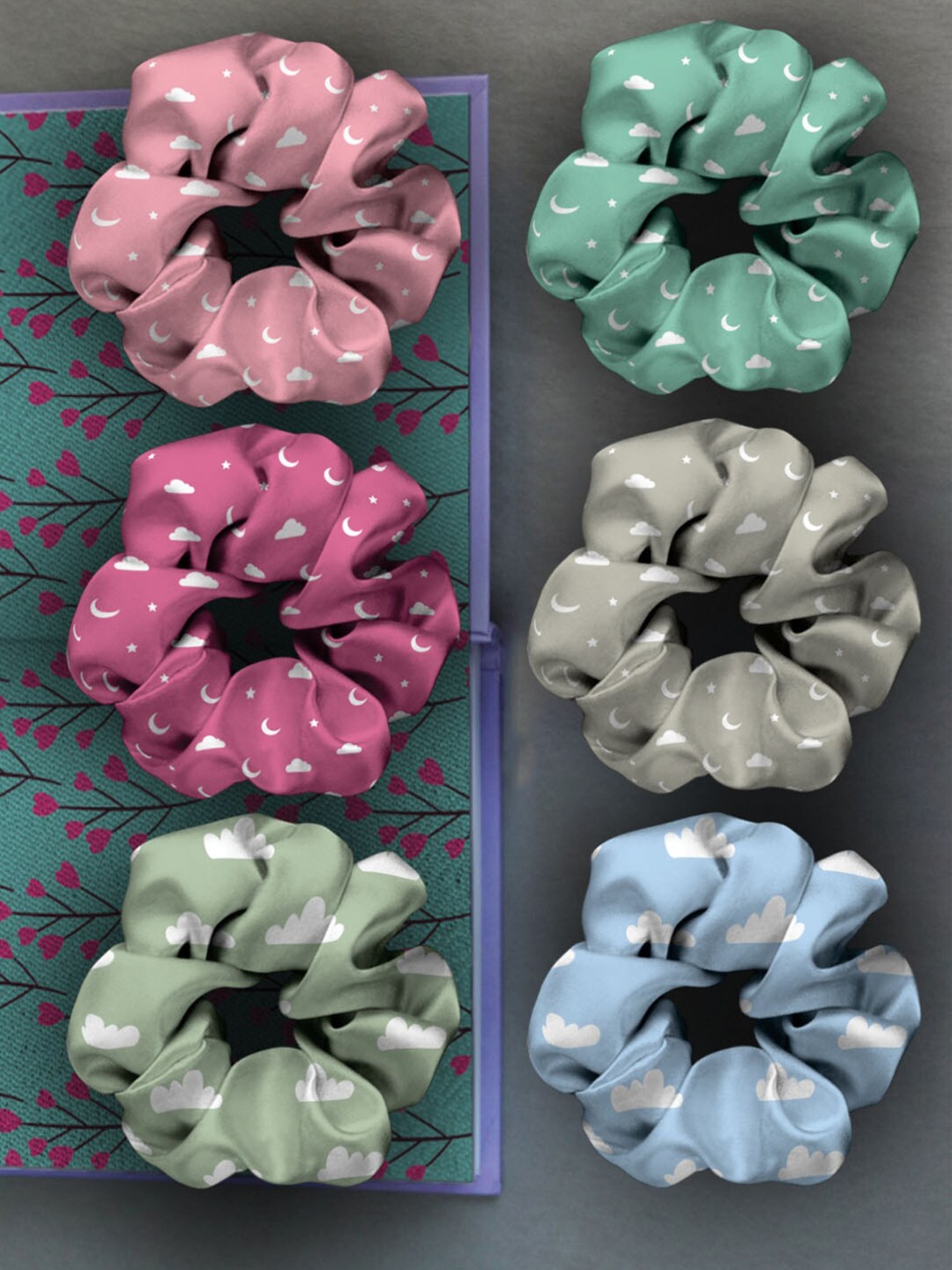 

Ferosh Women Pink & Green Set of 6 Cloud Moon Scrunchies Ponytail Holders