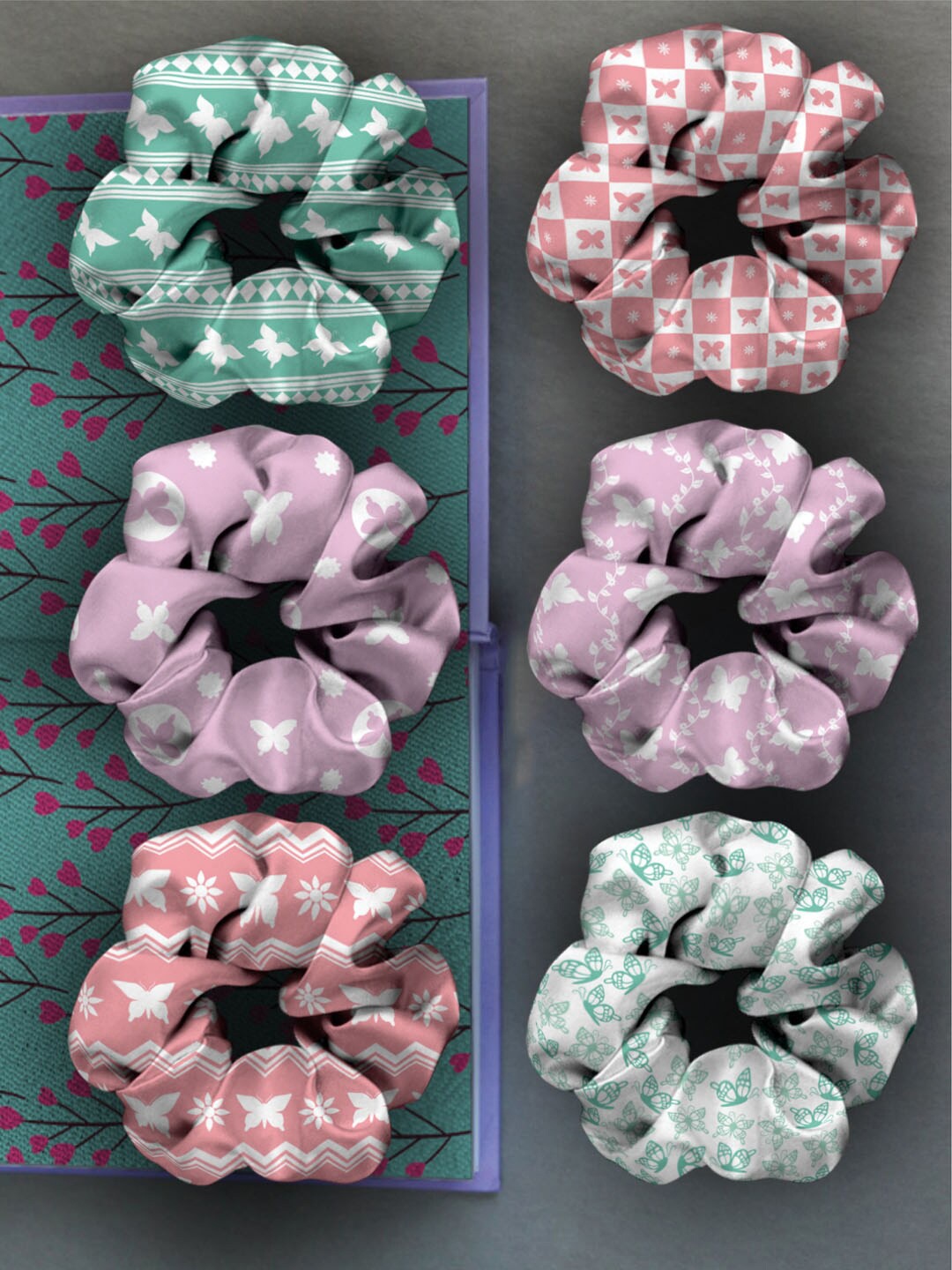 

Ferosh Women Pink & Green Pack of 6 Butterfly Scrunchies Ponytail Holders