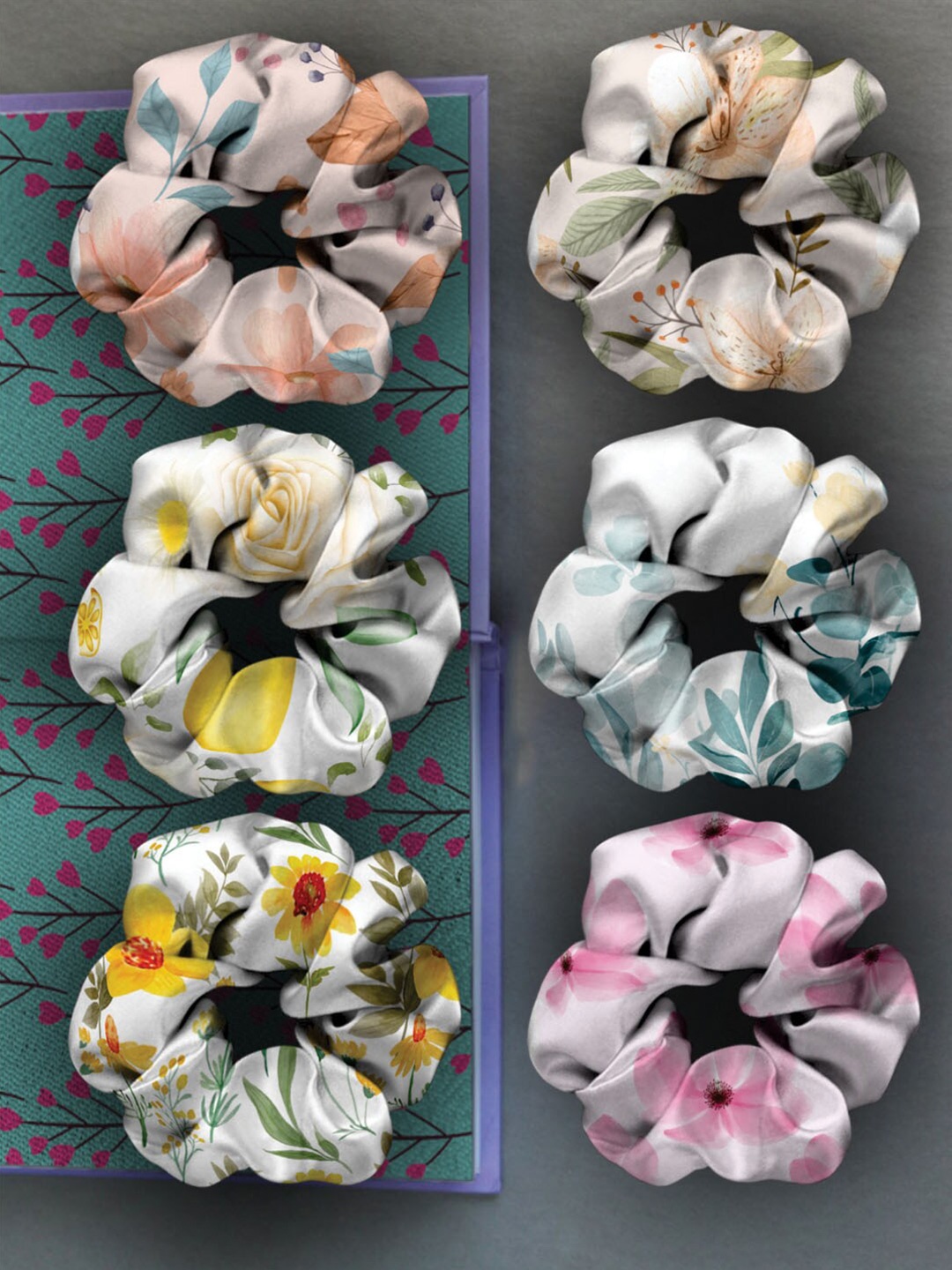

Ferosh Women Multicoloured Pack of 6 Floral Scrunchies Ponytail Holders, Multi