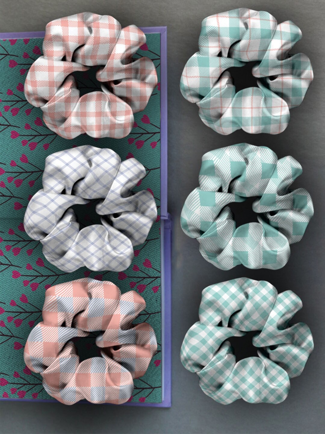 

Ferosh Women Blue & Peach-Coloured Checked Set of 6 Scrunchies