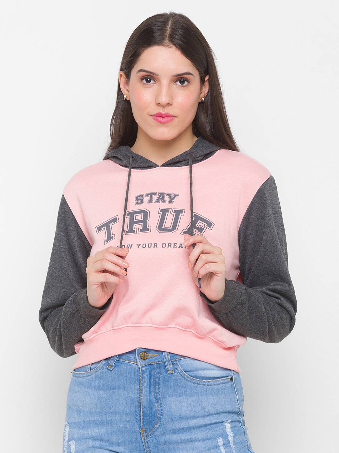 

Globus Women Pink & Grey Colorblocked Printed Hooded Sweatshirt