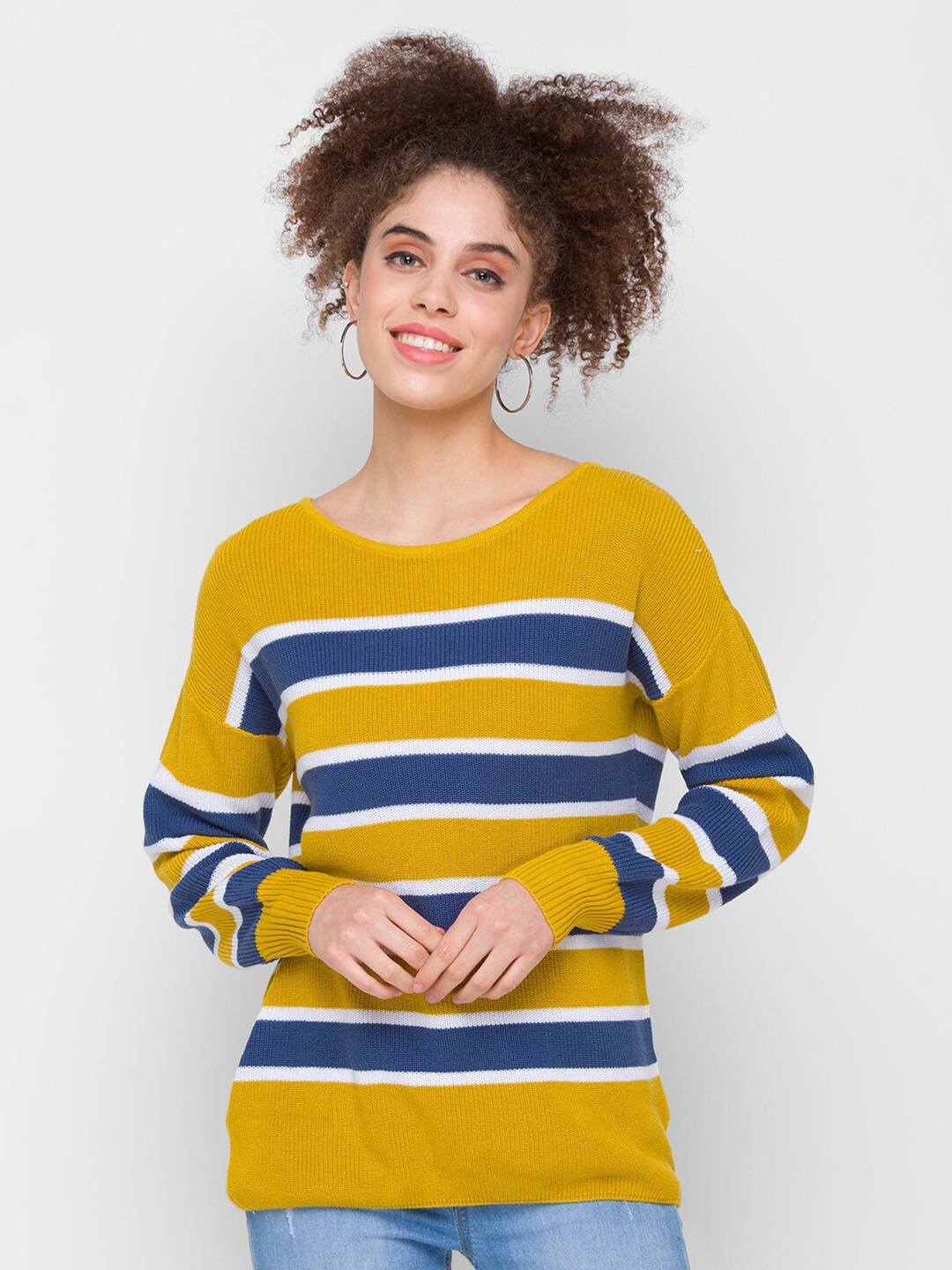 

Globus Women Mustard Yellow & Blue Striped Sweatshirt