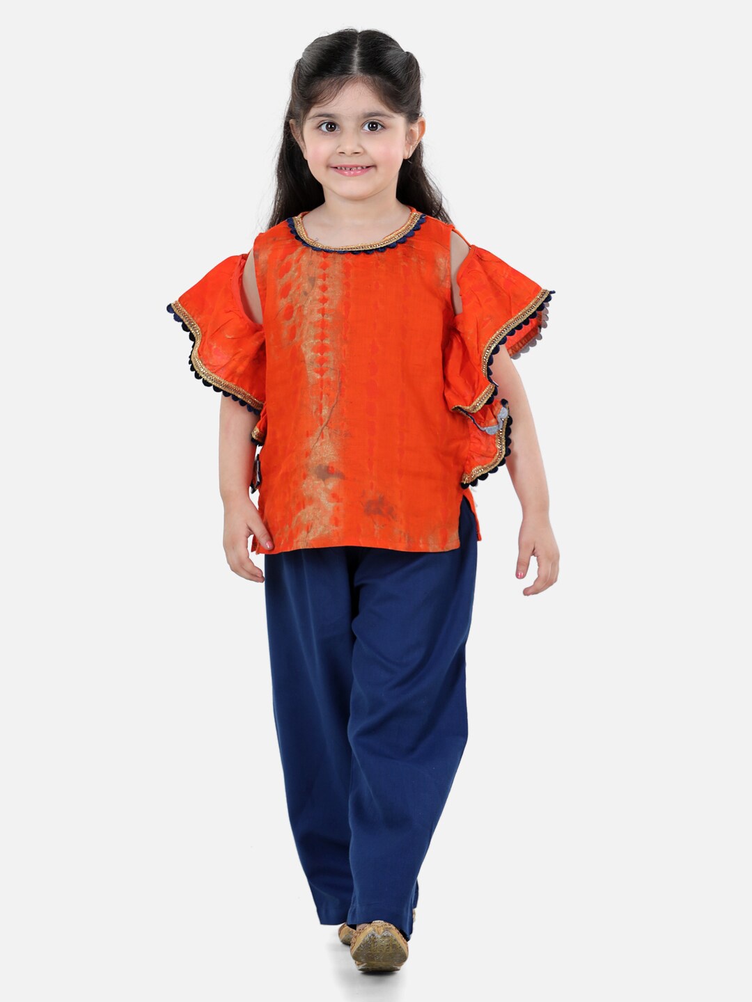 

BownBee Girls Orange & Navy Blue Embellished Top with Palazzos
