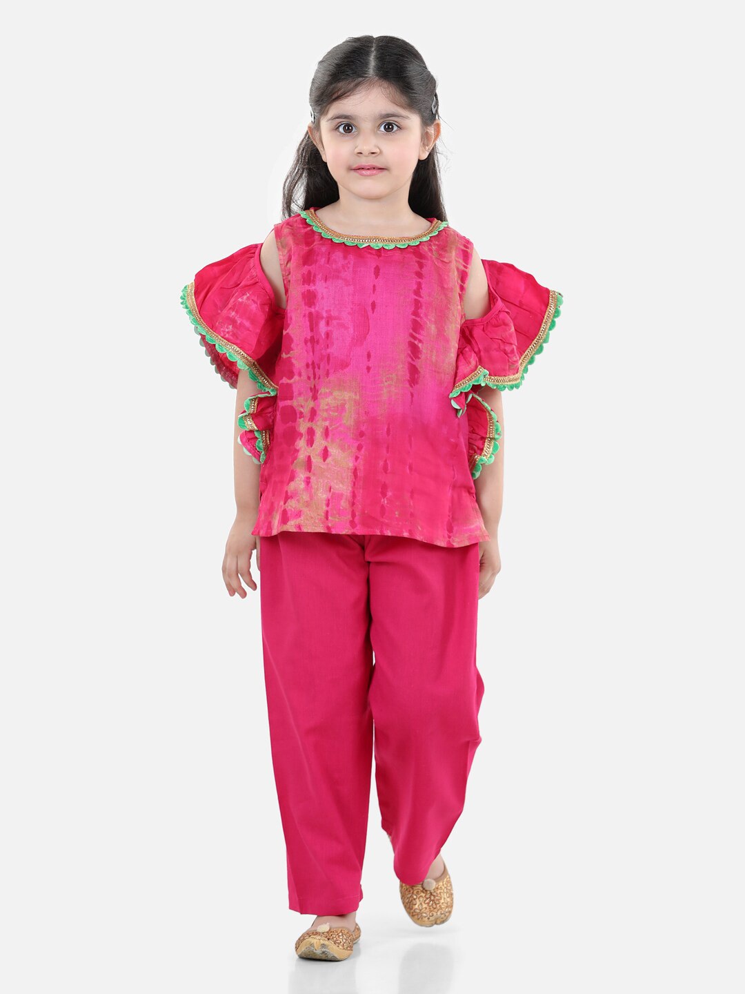 

BownBee Girls Pink & Red Printed Ruffles Top with Trousers