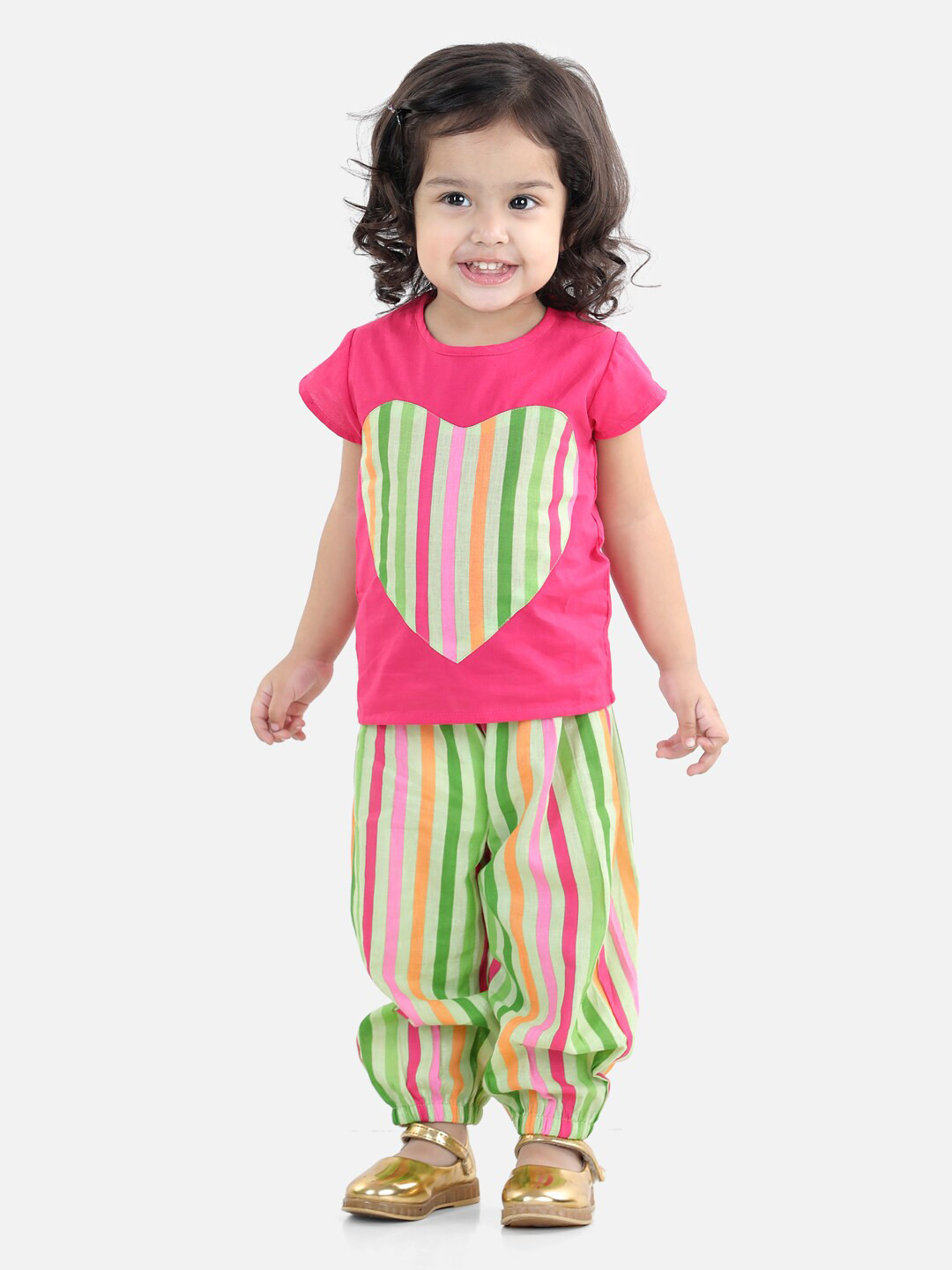 

BownBee Girls Pink & Green Striped Pure Cotton Top with Harem Pants