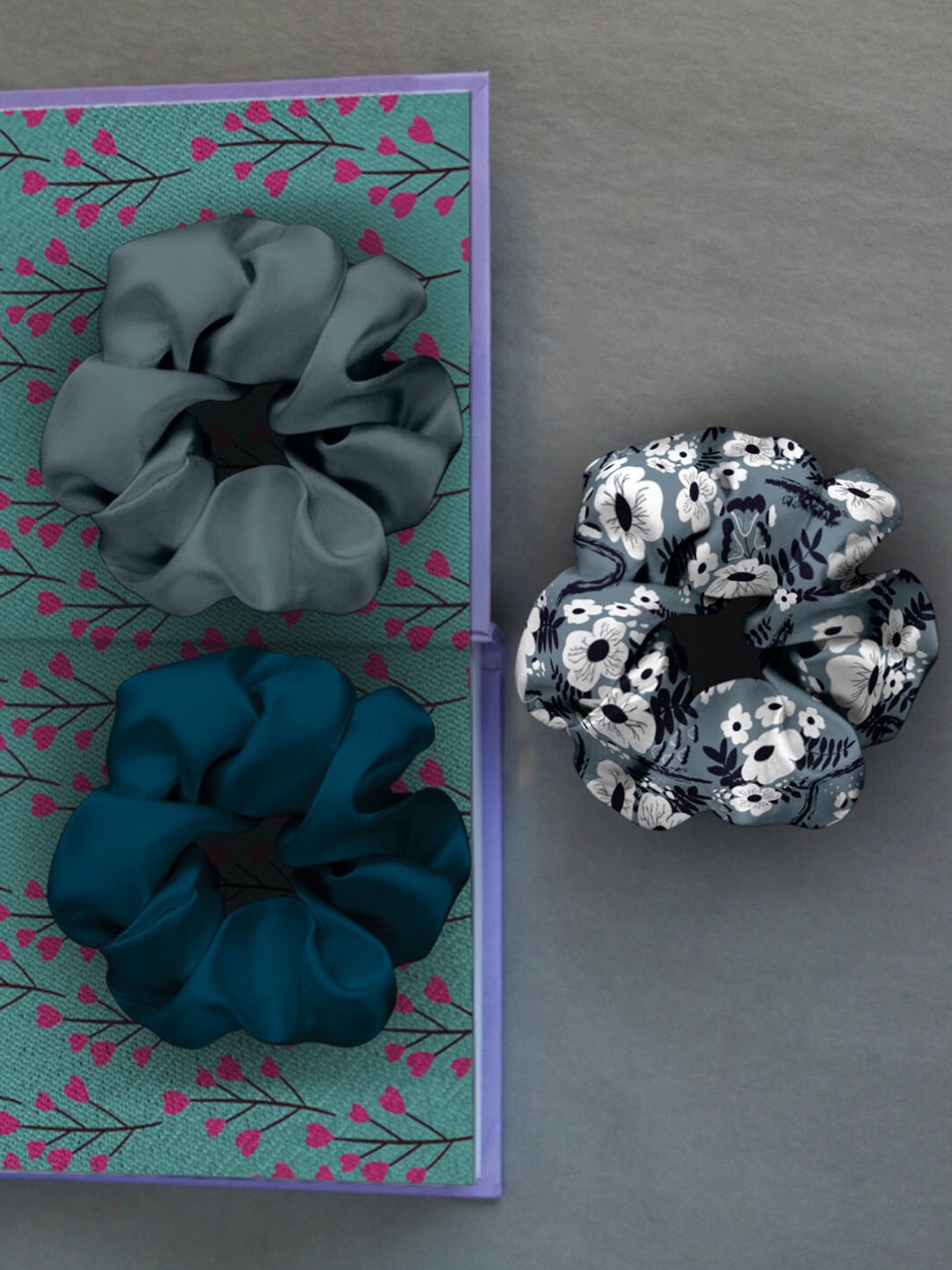 

Ferosh Women Blue & Grey Pack of 3 Floral Scrunchies Ponytail Holders