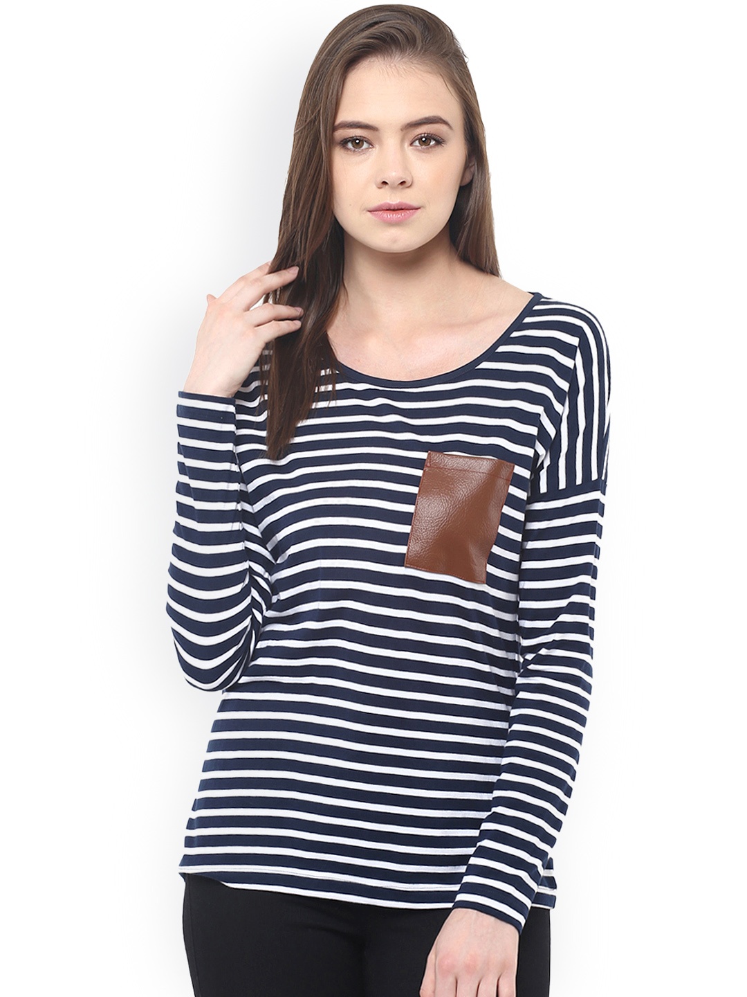 

Miss Chase Women Navy & White Striped Regular Top, Navy blue