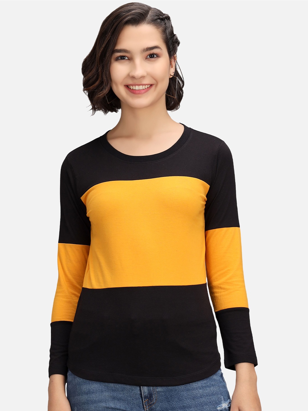 

PockMAN Women Black & Mustard Yellow Colourblocked T-shirt