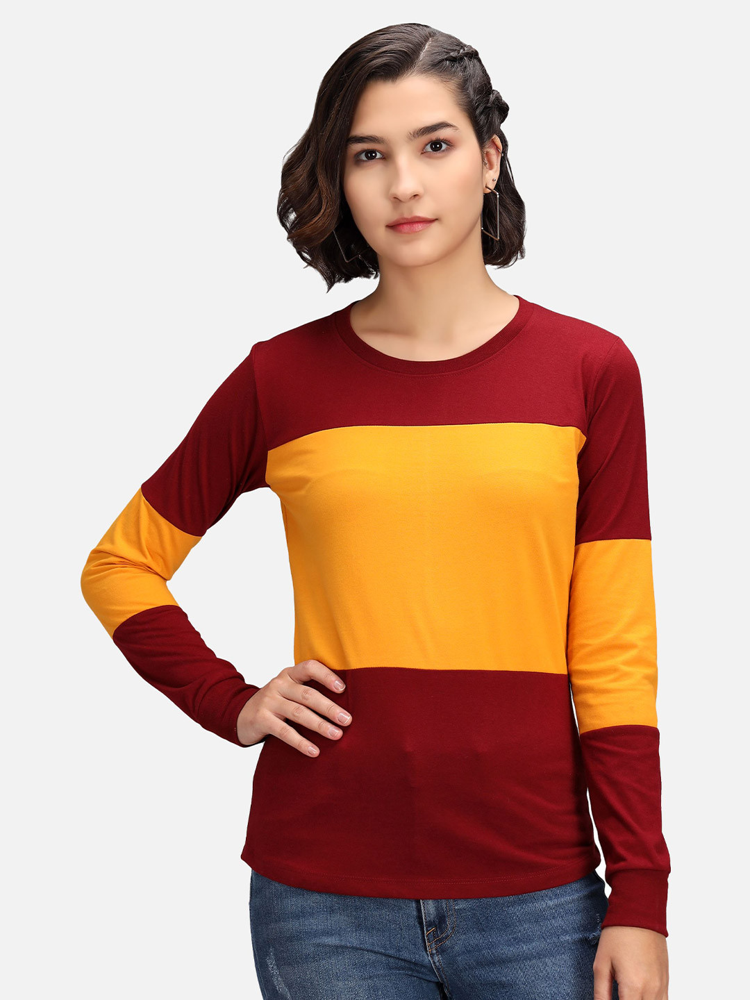

PockMAN Women Maroon & Mustard Yellow Colourblocked Anti Odour T-shirt