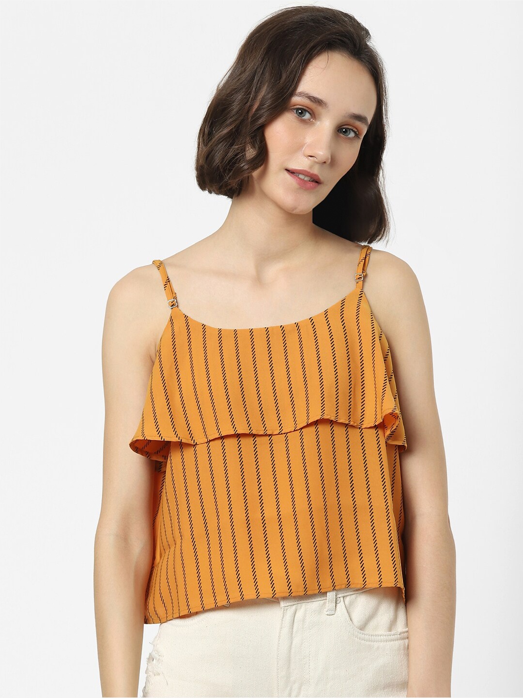 

ONLY Yellow Striped Layered Crop Top