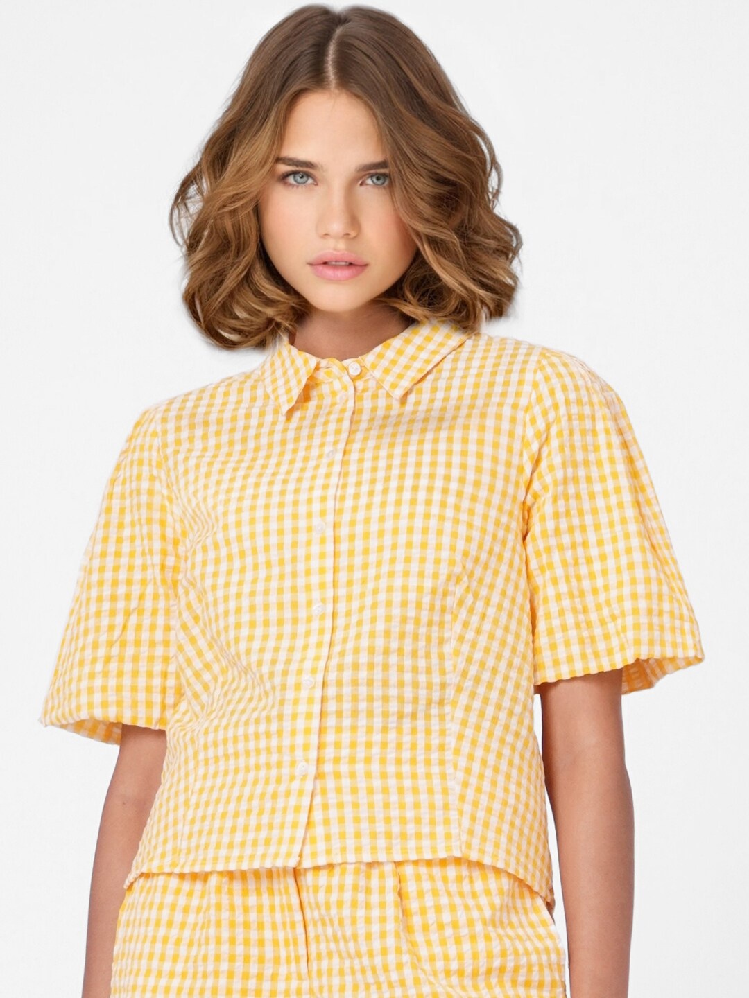 

ONLY Women Yellow Boxy Gingham Checks Checked Casual Shirt