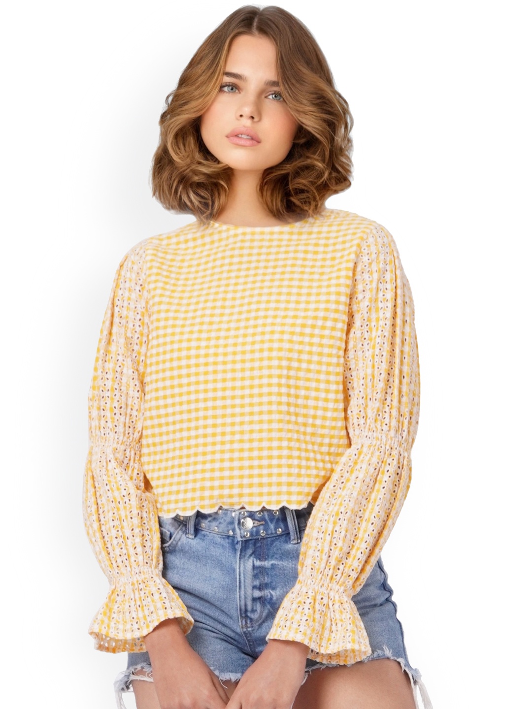 

ONLY Yellow Checked Bell Sleeves Top