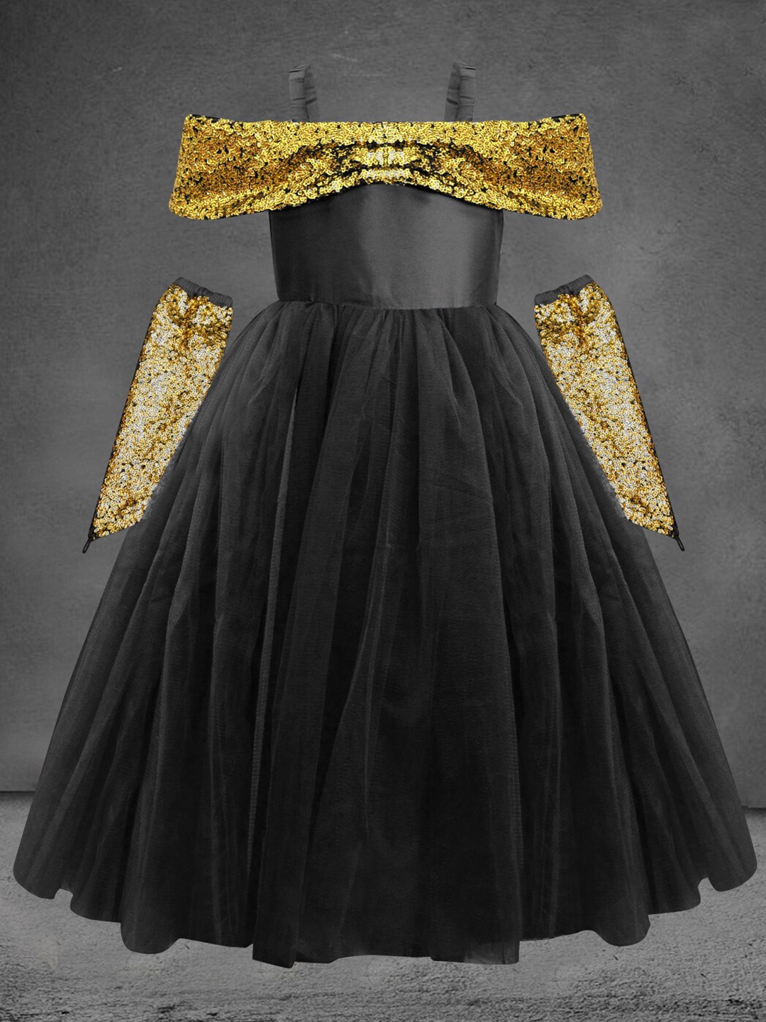 

A.T.U.N. Girls Black & Gold-Toned Off-Shoulder Net Maxi Dress with Gloves