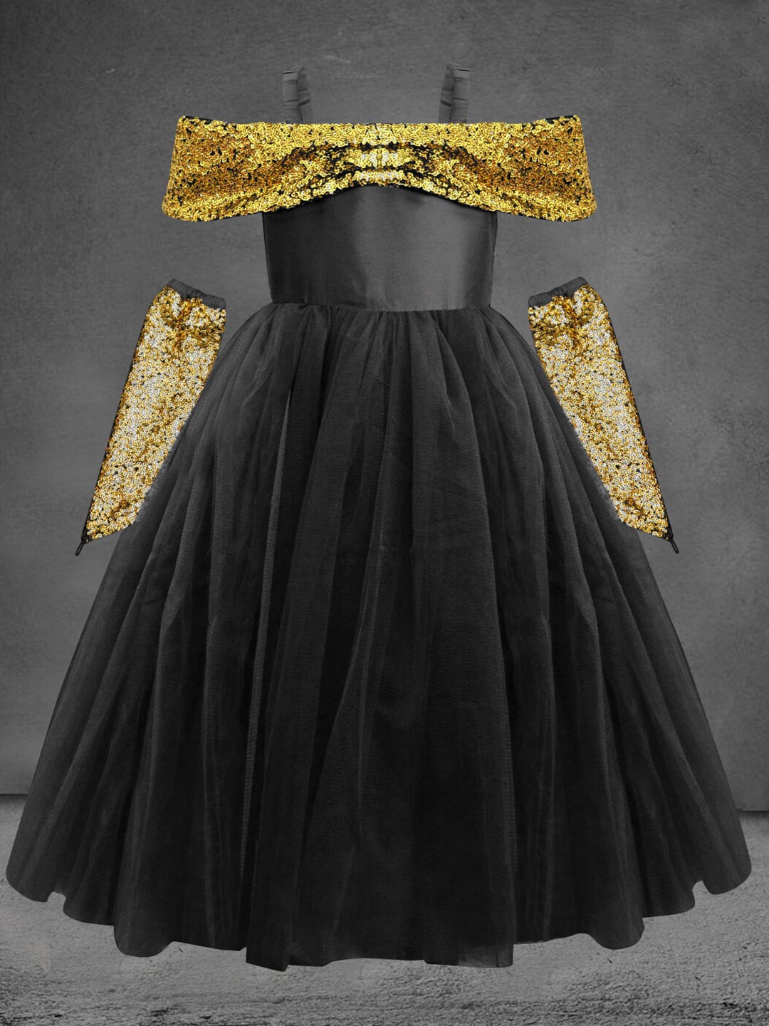 

A.T.U.N. Girls Black & Gold-Toned Off-Shoulder Net Maxi Dress with Gloves